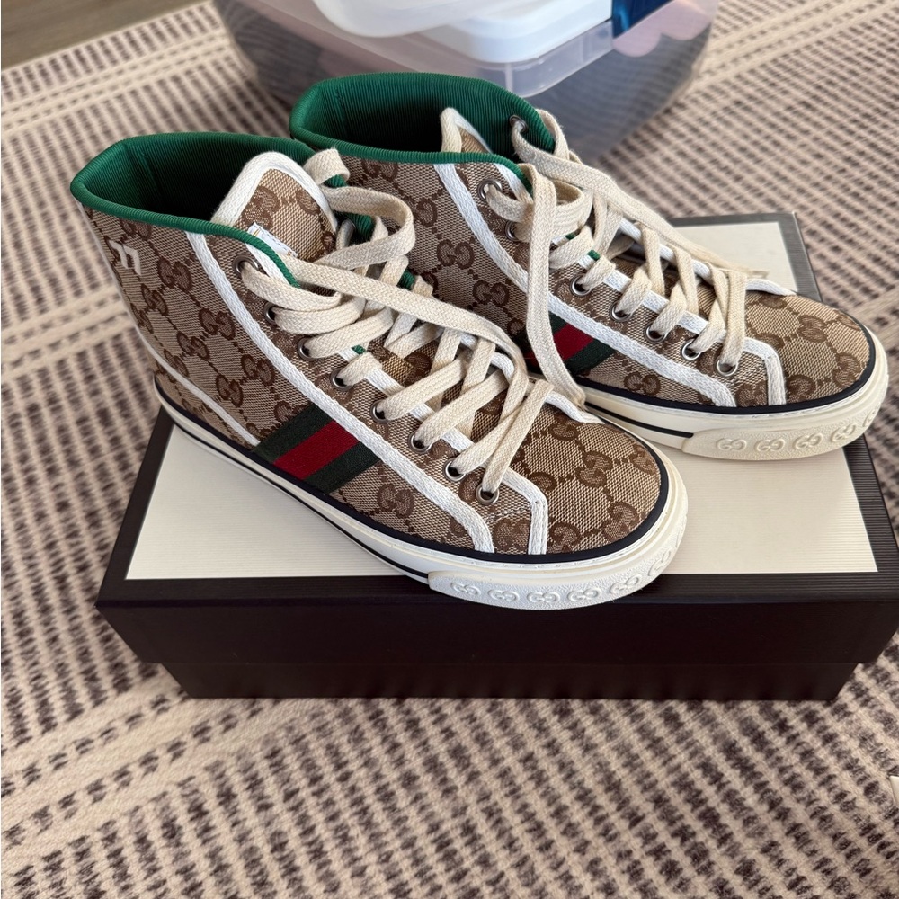 Gucci High-Top Sneakers - Brown with Green and Red Stripes